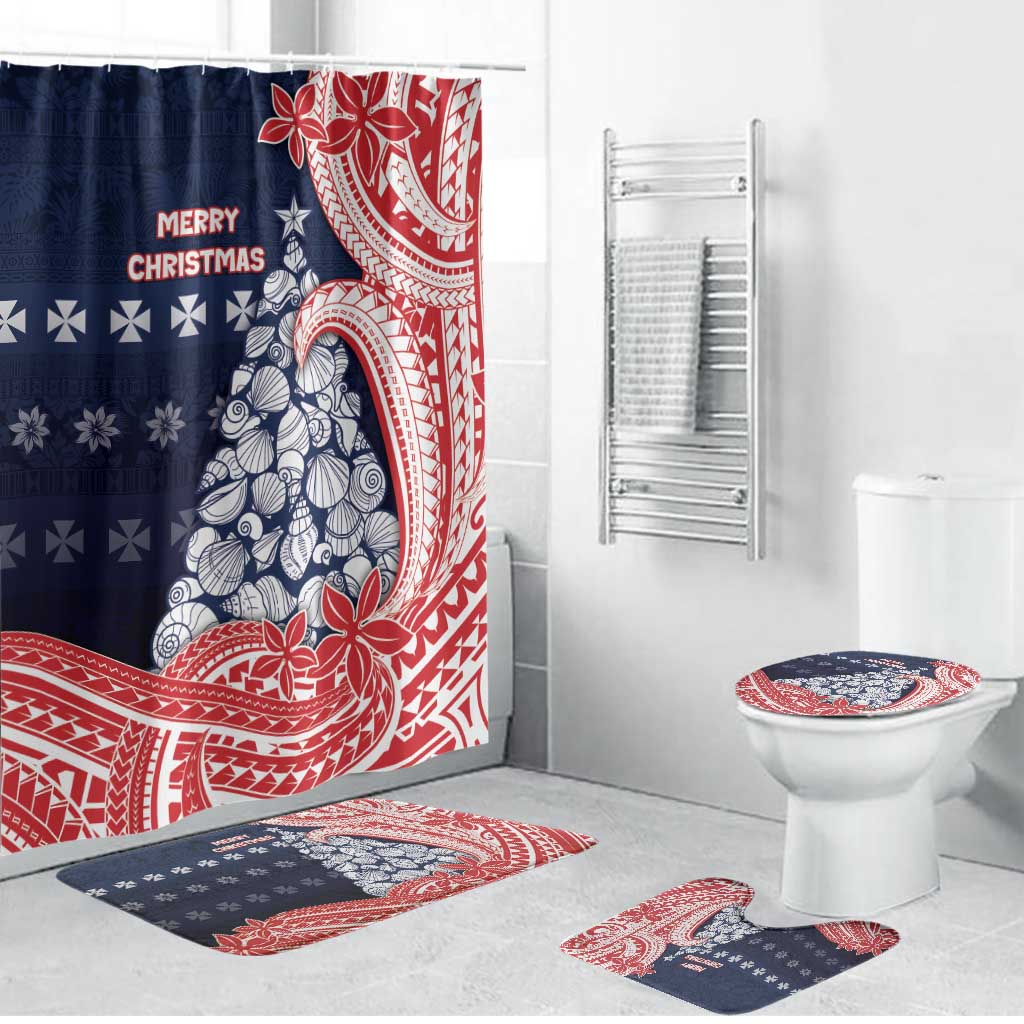 Wallis And Futuna Christmas Bathroom Set Seashell Xmas Tree Tribal Waves DT05 Bathroom Set (4 pcs) Navy - Polynesian Pride