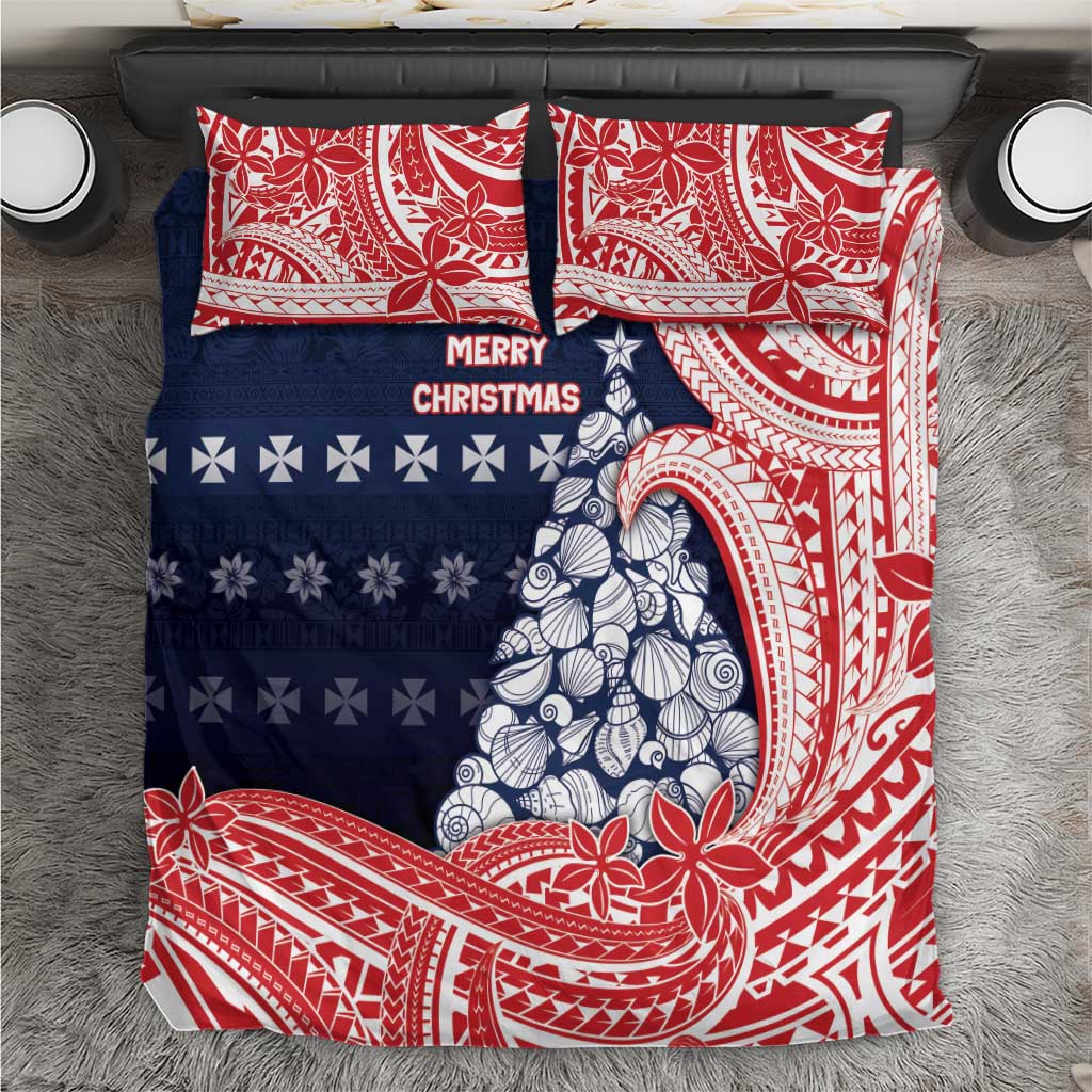 Wallis And Futuna Christmas Bedding Set Seashell Xmas Tree Tribal Waves DT05 Navy - Polynesian Pride