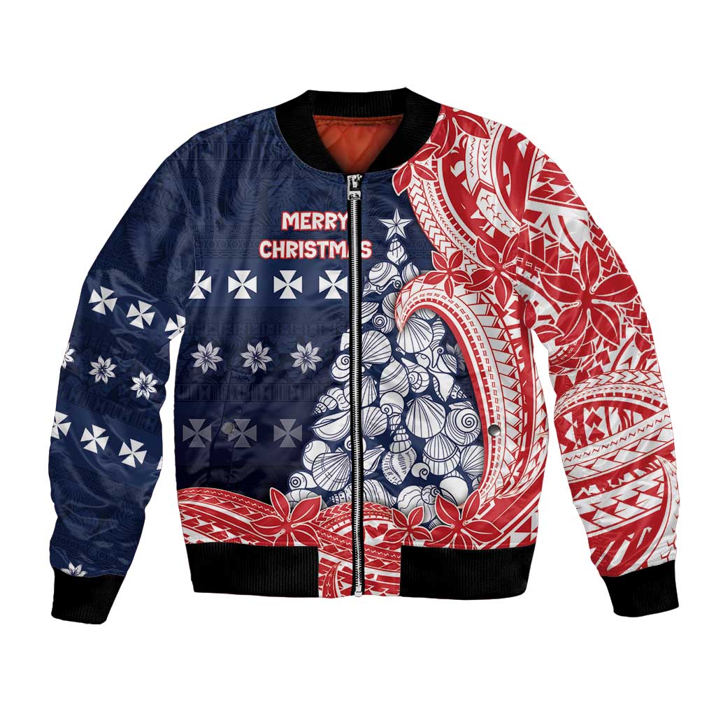 Wallis And Futuna Christmas Bomber Jacket Seashell Xmas Tree Tribal Waves DT05 Unisex Navy - Polynesian Pride