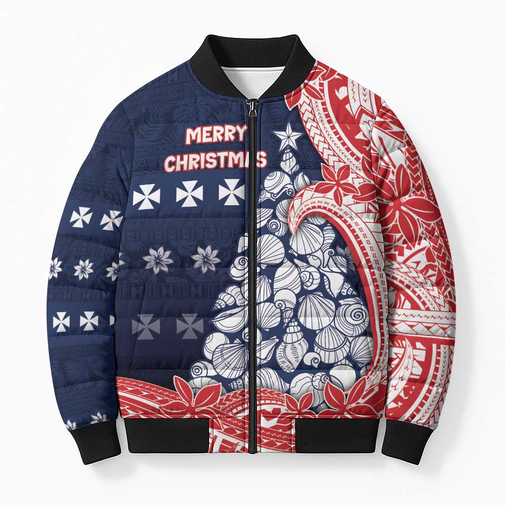 Wallis And Futuna Christmas Bomber Puffer Jacket Seashell Xmas Tree Tribal Waves DT05 Unisex Navy - Polynesian Pride