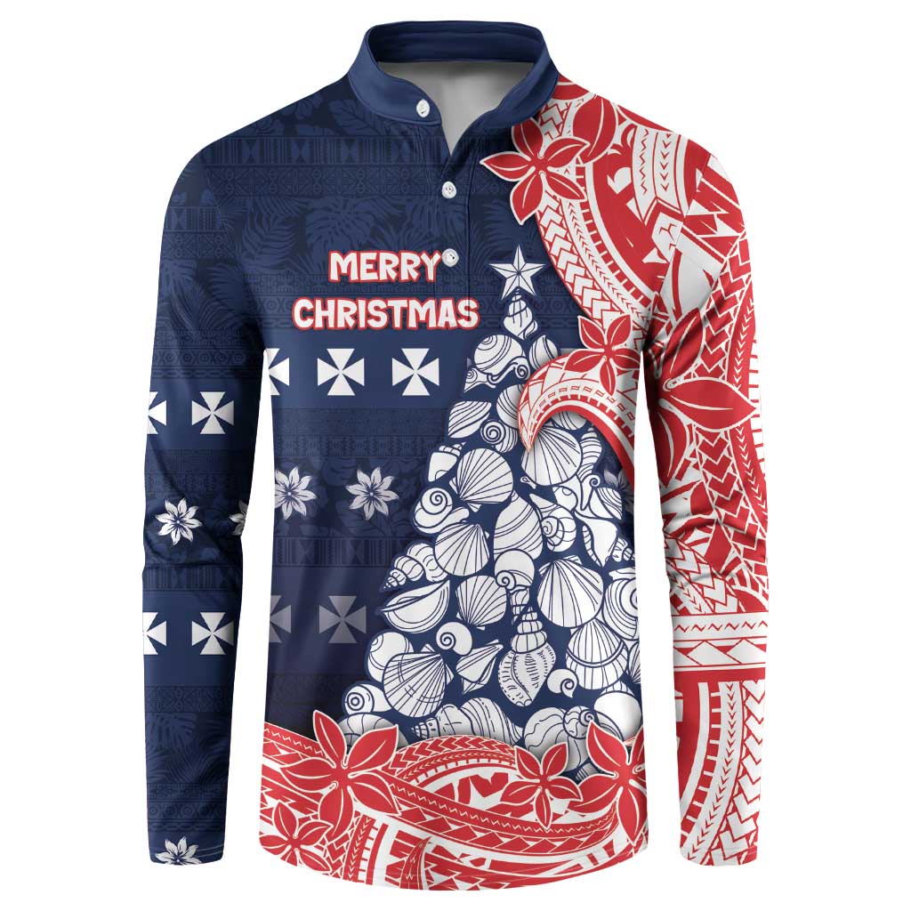 Wallis And Futuna Christmas Button Sweatshirt Seashell Xmas Tree Tribal Waves DT05 Navy - Polynesian Pride