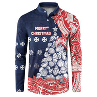 Wallis And Futuna Christmas Button Sweatshirt Seashell Xmas Tree Tribal Waves DT05 Navy - Polynesian Pride