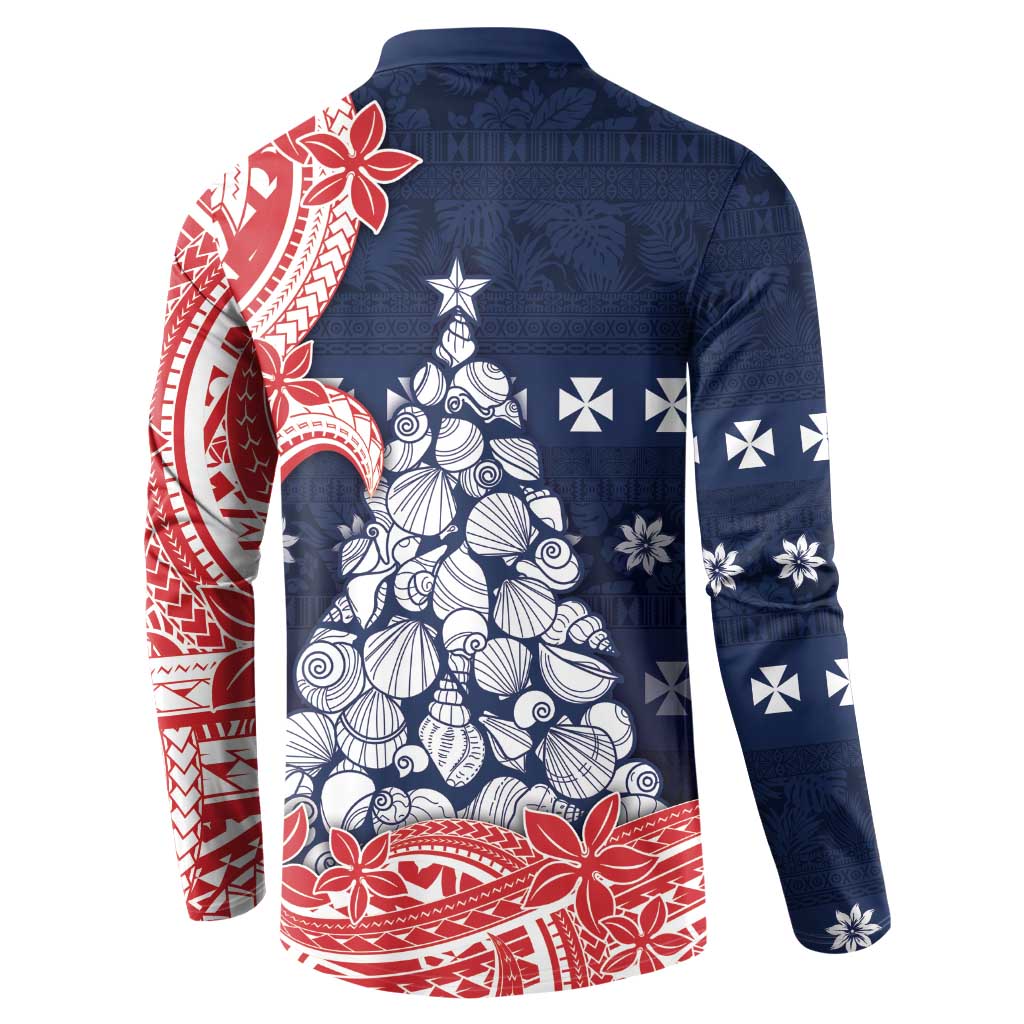 Wallis And Futuna Christmas Button Sweatshirt Seashell Xmas Tree Tribal Waves DT05 - Polynesian Pride