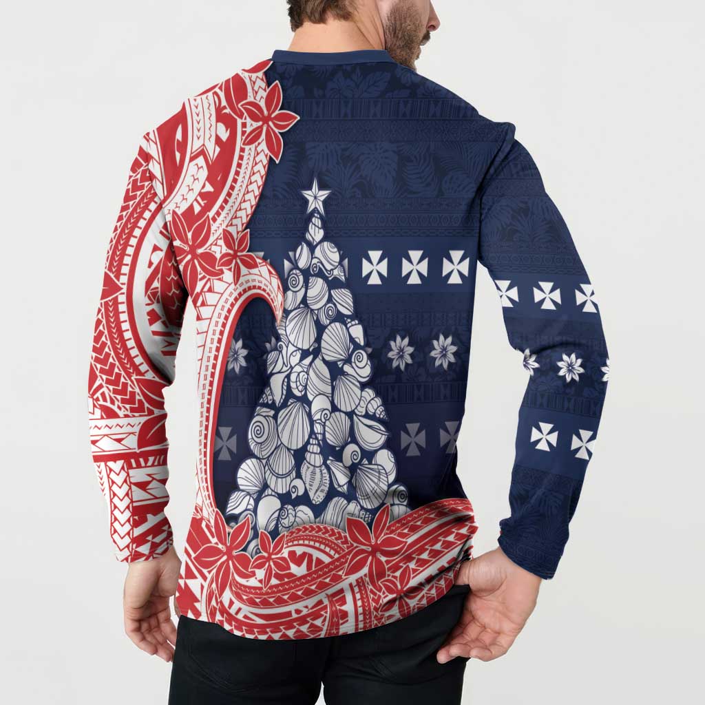 Wallis And Futuna Christmas Button Sweatshirt Seashell Xmas Tree Tribal Waves DT05 - Polynesian Pride