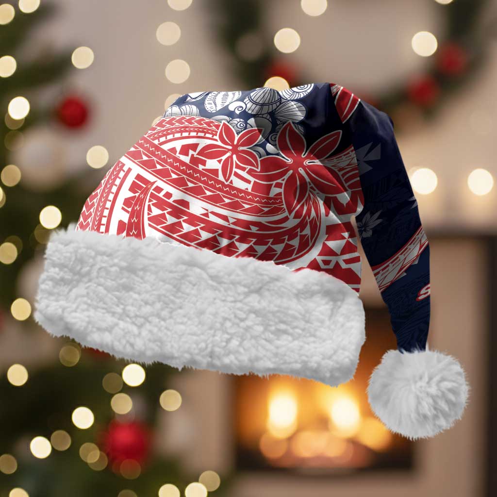Wallis And Futuna Christmas Santa Hat Seashell Xmas Tree Tribal Waves DT05 With Fur Navy - Polynesian Pride