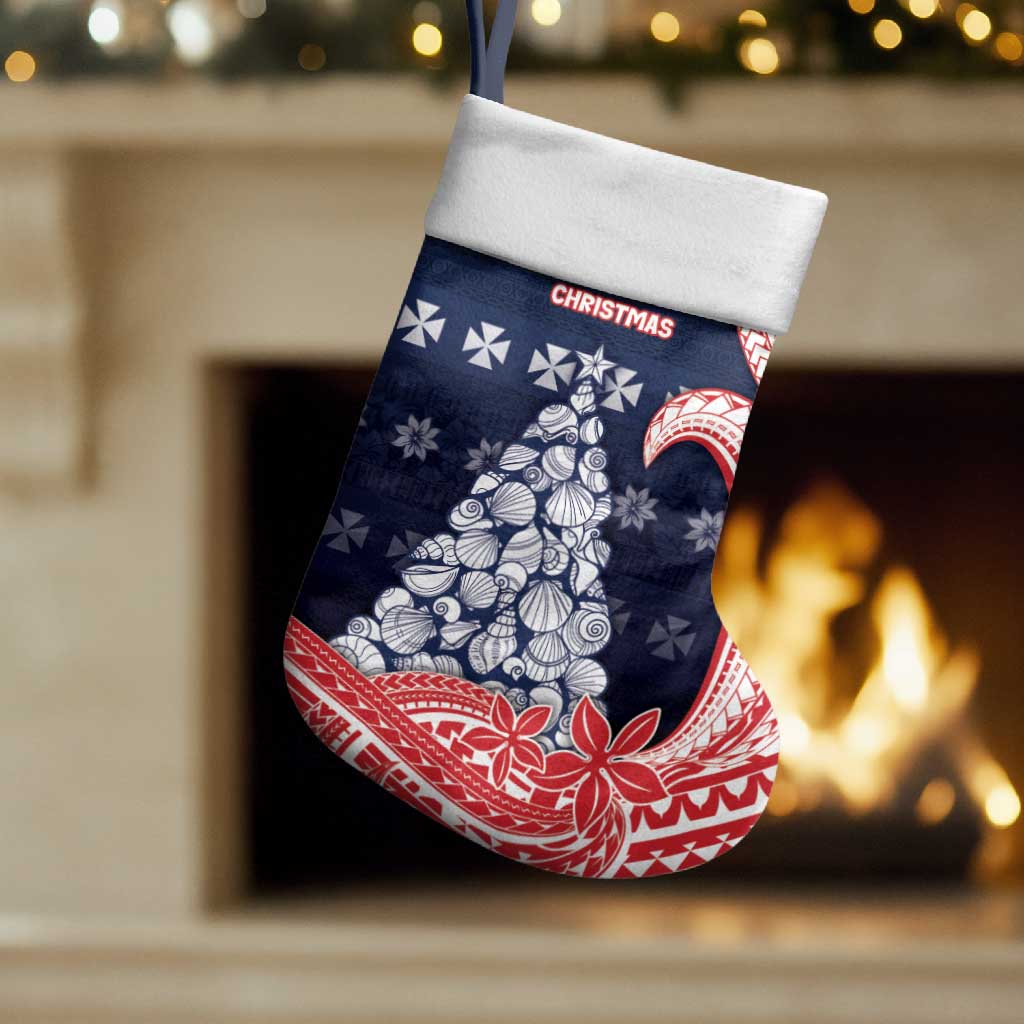 Wallis And Futuna Christmas Stocking Seashell Xmas Tree Tribal Waves DT05 Set of 2 Navy - Polynesian Pride