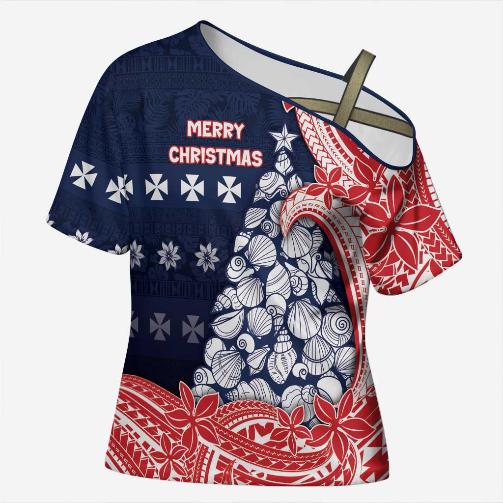 Wallis And Futuna Christmas Cross Shoulder Shirt Seashell Xmas Tree Tribal Waves DT05 Female Navy - Polynesian Pride