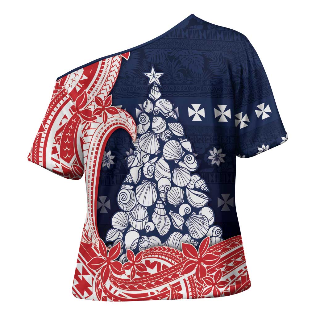 Wallis And Futuna Christmas Cross Shoulder Shirt Seashell Xmas Tree Tribal Waves DT05 - Polynesian Pride
