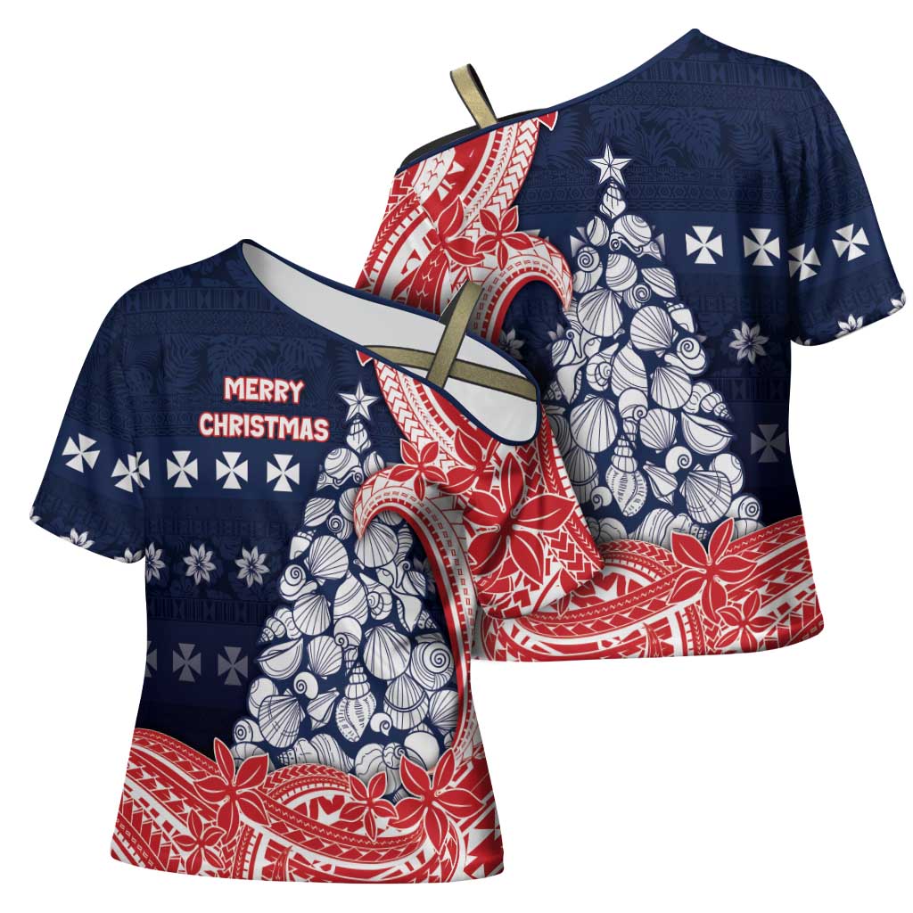 Wallis And Futuna Christmas Cross Shoulder Shirt Seashell Xmas Tree Tribal Waves DT05 - Polynesian Pride