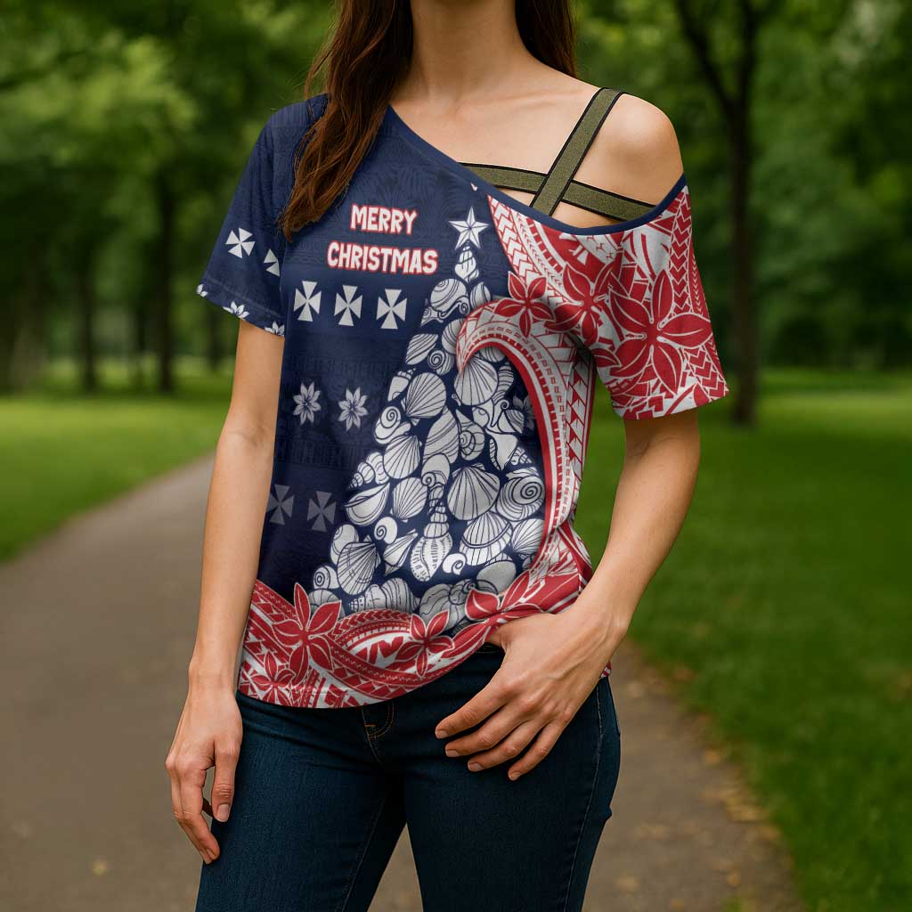 Wallis And Futuna Christmas Cross Shoulder Shirt Seashell Xmas Tree Tribal Waves DT05 - Polynesian Pride