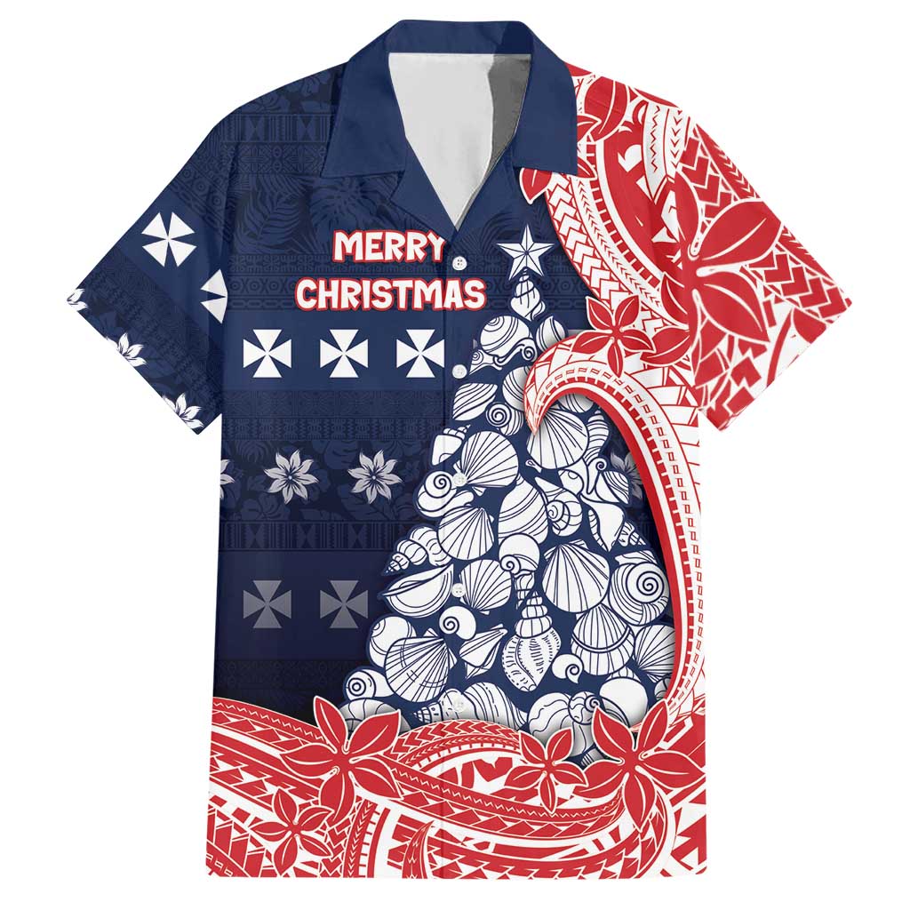 Wallis And Futuna Christmas Hawaiian Shirt Seashell Xmas Tree Tribal Waves DT05 Navy - Polynesian Pride