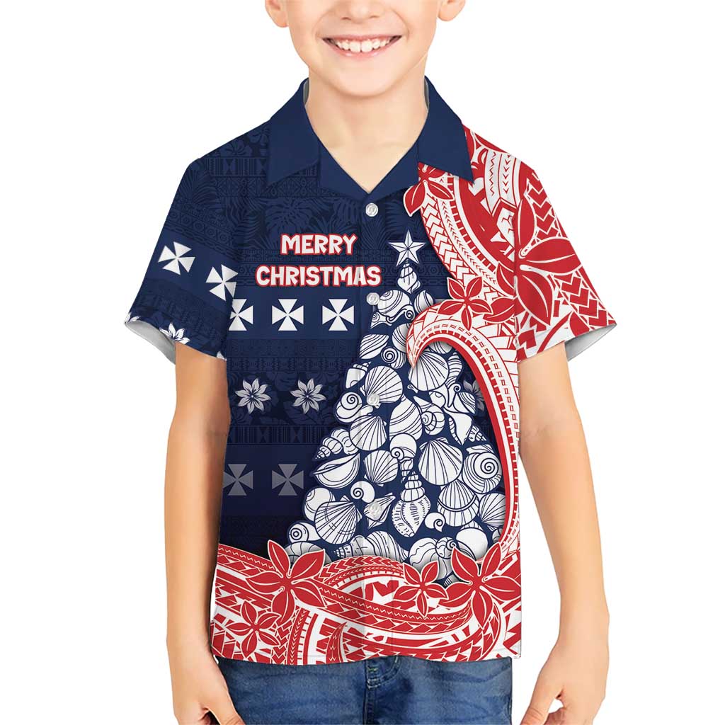 Wallis And Futuna Christmas Kid Hawaiian Shirt Seashell Xmas Tree Tribal Waves DT05 Kid Navy - Polynesian Pride