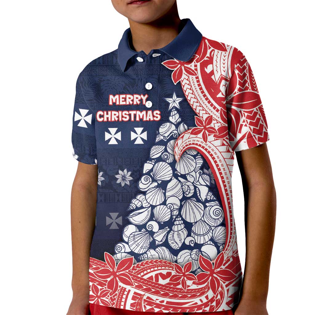 Wallis And Futuna Christmas Kid Polo Shirt Seashell Xmas Tree Tribal Waves DT05 Kid Navy - Polynesian Pride