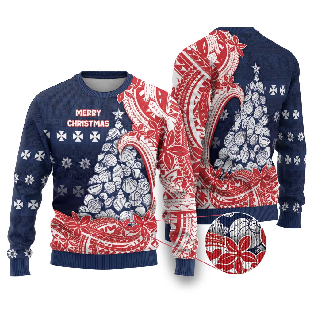 Wallis And Futuna Christmas Ugly Christmas Sweater Seashell Xmas Tree Tribal Waves DT05 Navy - Polynesian Pride