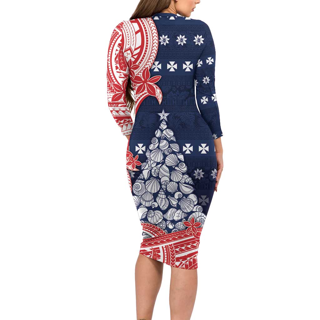 xmas bodycon dresses Wallis And Futuna Christmas Long Sleeve Dress Seashell Tree Tribal Waves Velvet dresses