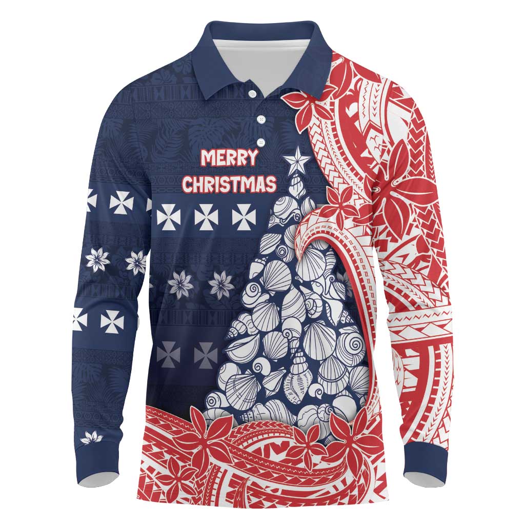 Wallis And Futuna Christmas Long Sleeve Polo Shirt Seashell Xmas Tree Tribal Waves DT05 Navy - Polynesian Pride