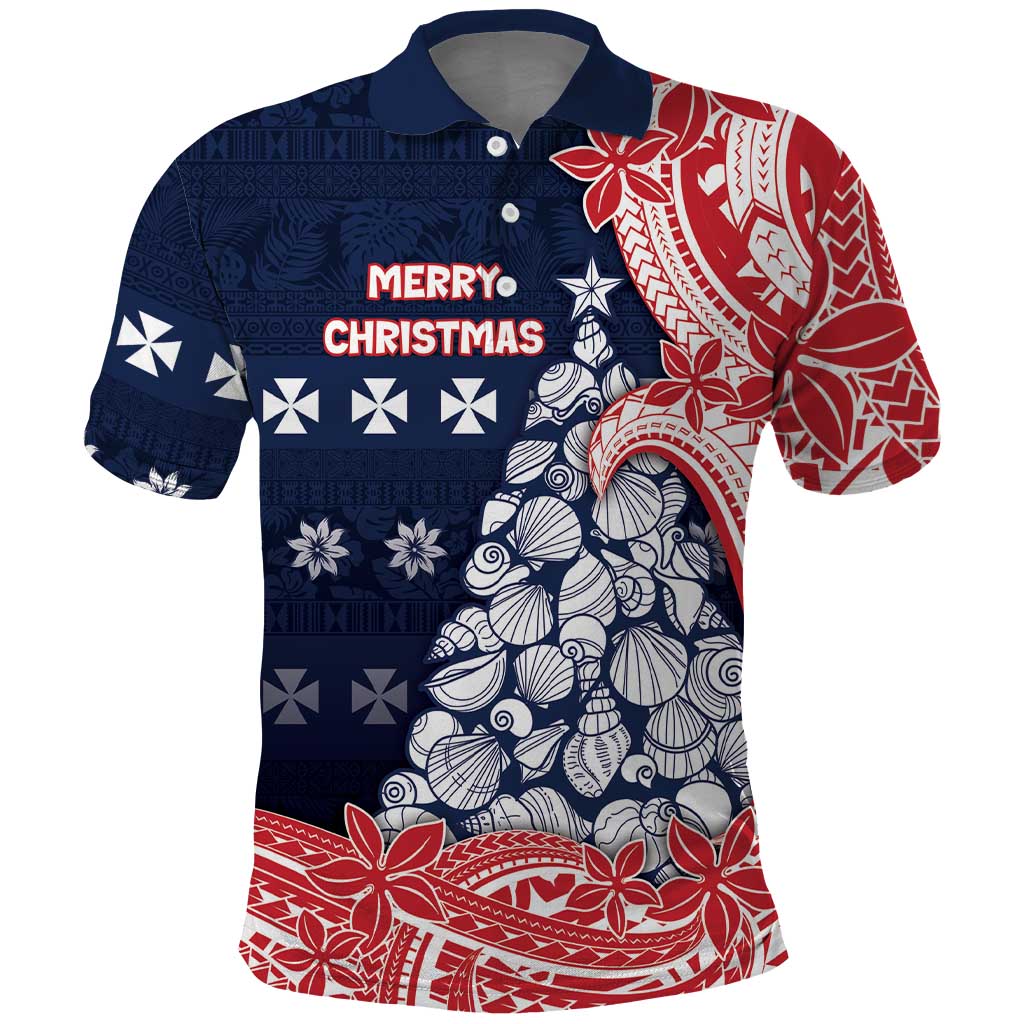 Wallis And Futuna Christmas Polo Shirt Seashell Xmas Tree Tribal Waves DT05 Navy - Polynesian Pride