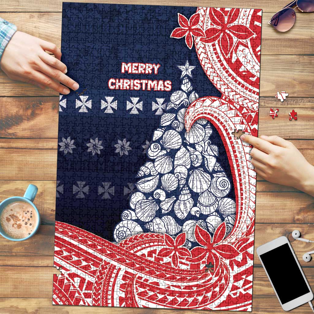 Wallis And Futuna Christmas Puzzle Seashell Xmas Tree Tribal Waves DT05 Navy - Polynesian Pride