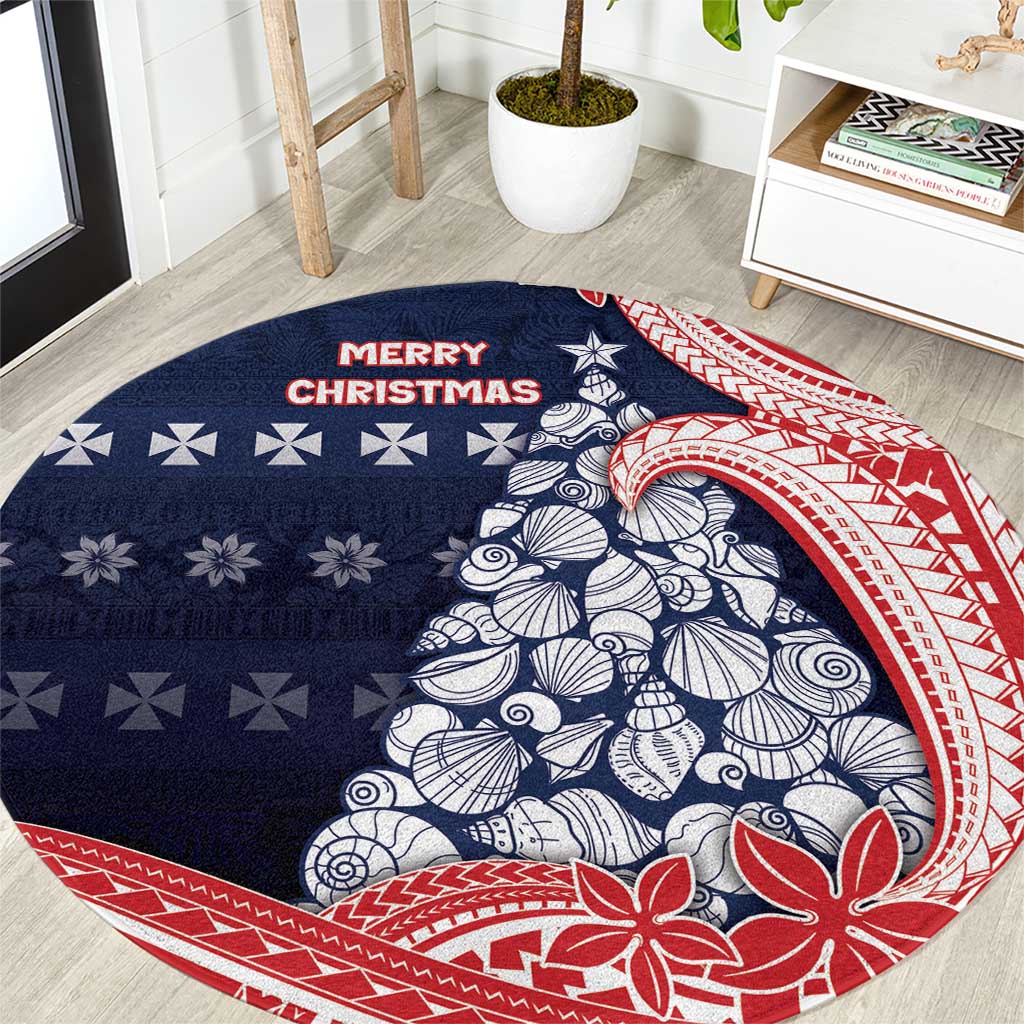 Wallis And Futuna Christmas Round Carpet Seashell Xmas Tree Tribal Waves DT05 Navy - Polynesian Pride