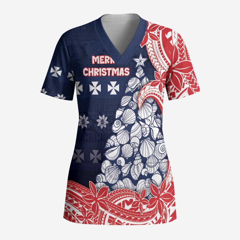 Wallis And Futuna Christmas Scrub Top Seashell Xmas Tree Tribal Waves DT05 Adult Navy - Polynesian Pride