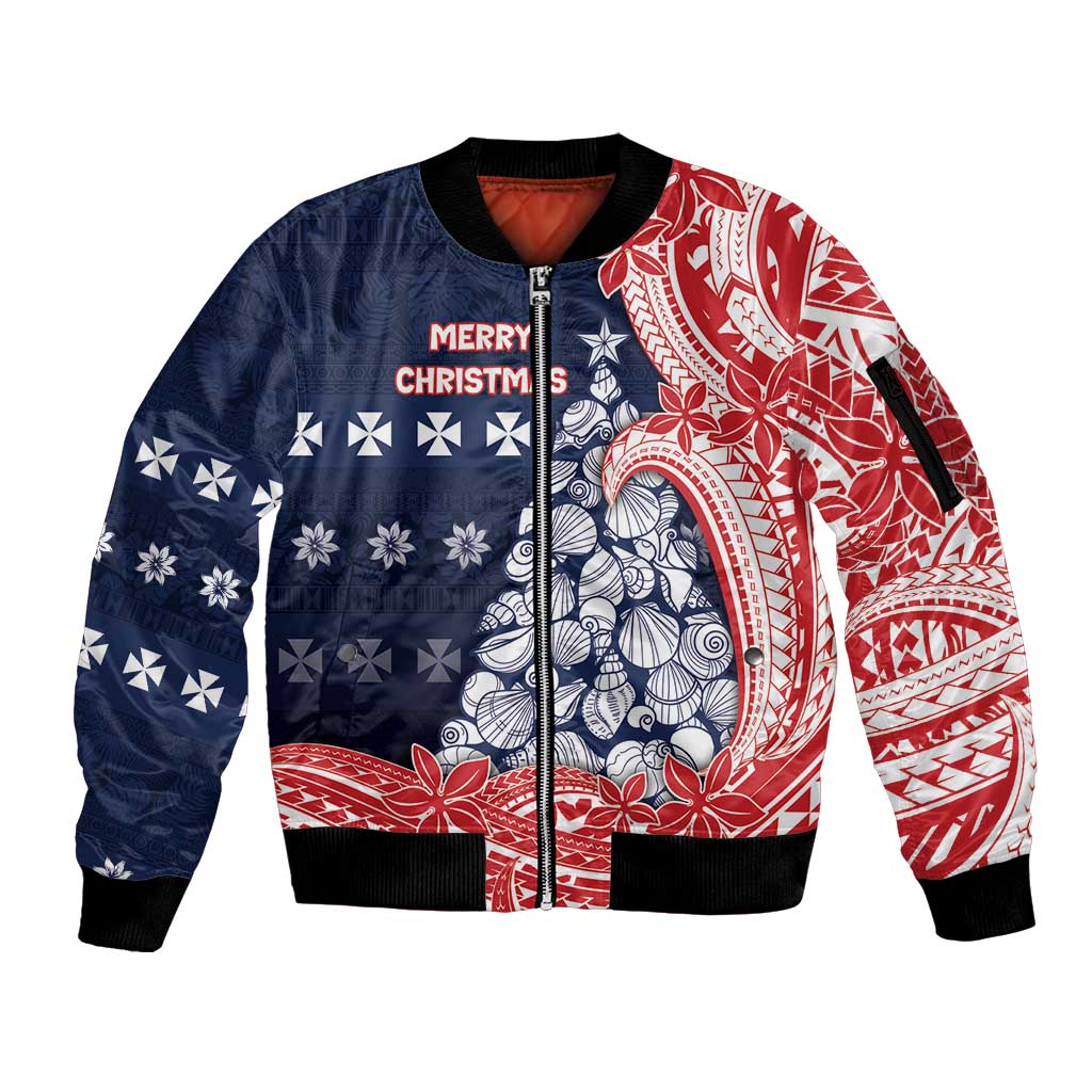 Wallis And Futuna Christmas Sleeve Zip Bomber Jacket Seashell Xmas Tree Tribal Waves DT05 Unisex Navy - Polynesian Pride