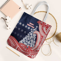 Wallis And Futuna Christmas Tote Bag Seashell Xmas Tree Tribal Waves DT05 White Strap One Size Navy - Polynesian Pride