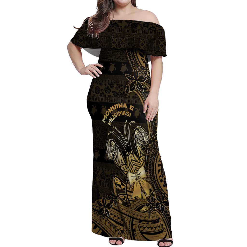 Niue Christmas Off Shoulder Maxi Dress Niuean Crab Xmas Tribal Waves DT05 Women Gold - Polynesian Pride