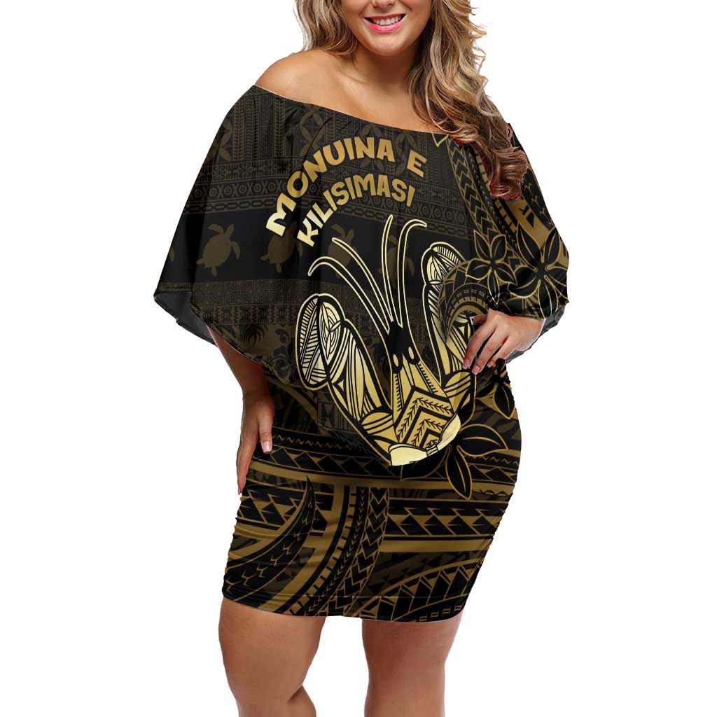 Niue Christmas Off Shoulder Short Dress Niuean Crab Xmas Tribal Waves DT05 Women Gold - Polynesian Pride