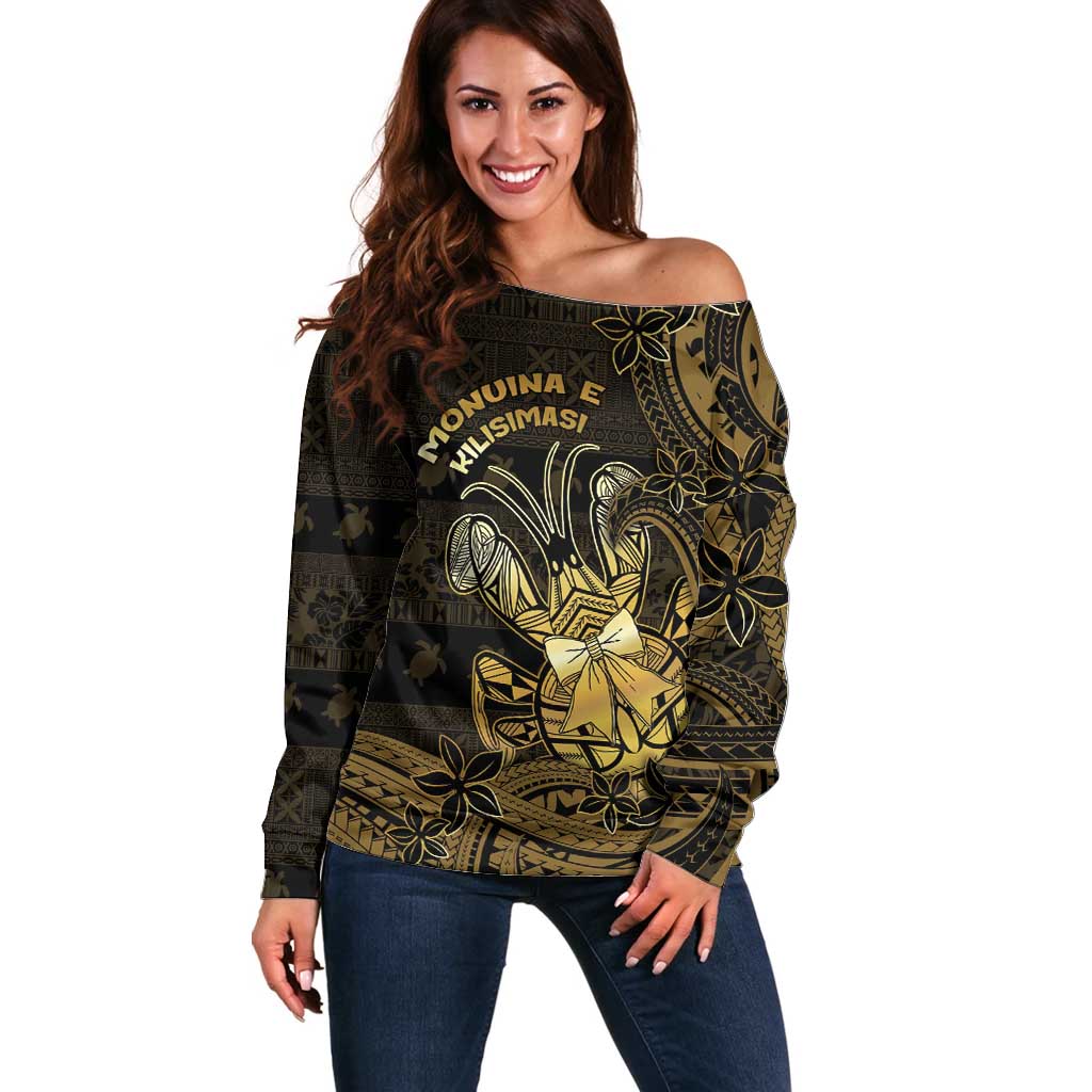 Niue Christmas Off Shoulder Sweater Niuean Crab Xmas Tribal Waves DT05 Women Gold - Polynesian Pride