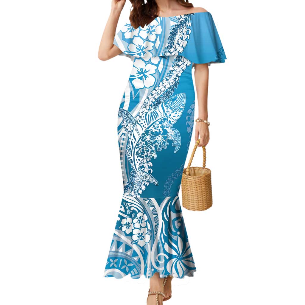 Hawaii Puakenikeni And Maile Lei Mermaid Dress Blue Polynesian Shark Tattoo DT05 Women Blue - Polynesian Pride