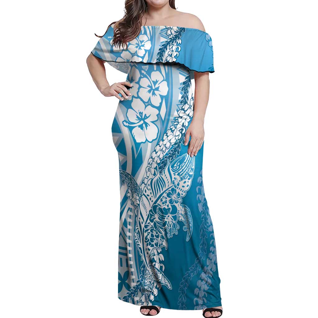 Hawaii Puakenikeni And Maile Lei Off Shoulder Maxi Dress Blue Polynesian Shark Tattoo DT05 Women Blue - Polynesian Pride