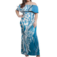 Hawaii Puakenikeni And Maile Lei Off Shoulder Maxi Dress Blue Polynesian Shark Tattoo DT05 Women Blue - Polynesian Pride
