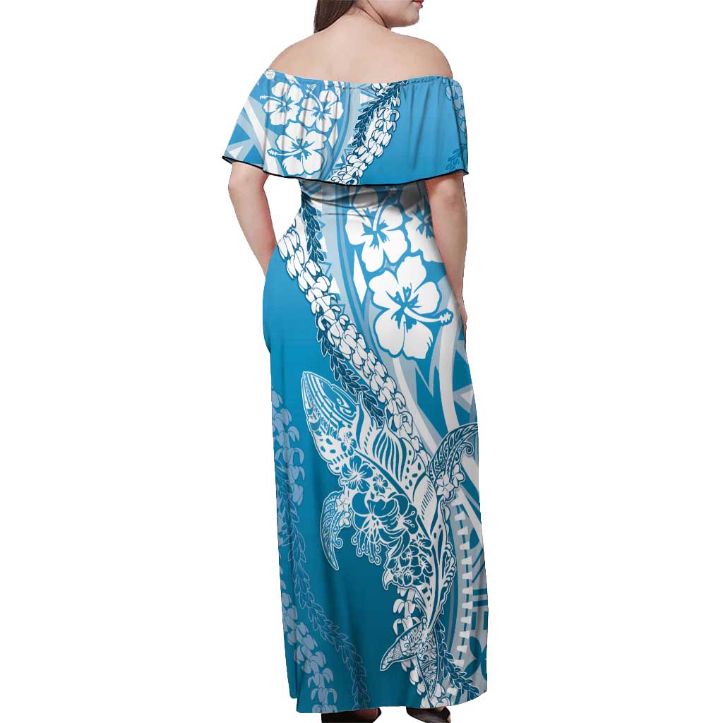 Hawaii Puakenikeni And Maile Lei Off Shoulder Maxi Dress Blue Polynesian Shark Tattoo DT05 - Polynesian Pride