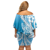 Hawaii Puakenikeni And Maile Lei Off Shoulder Short Dress Blue Polynesian Shark Tattoo DT05 - Polynesian Pride