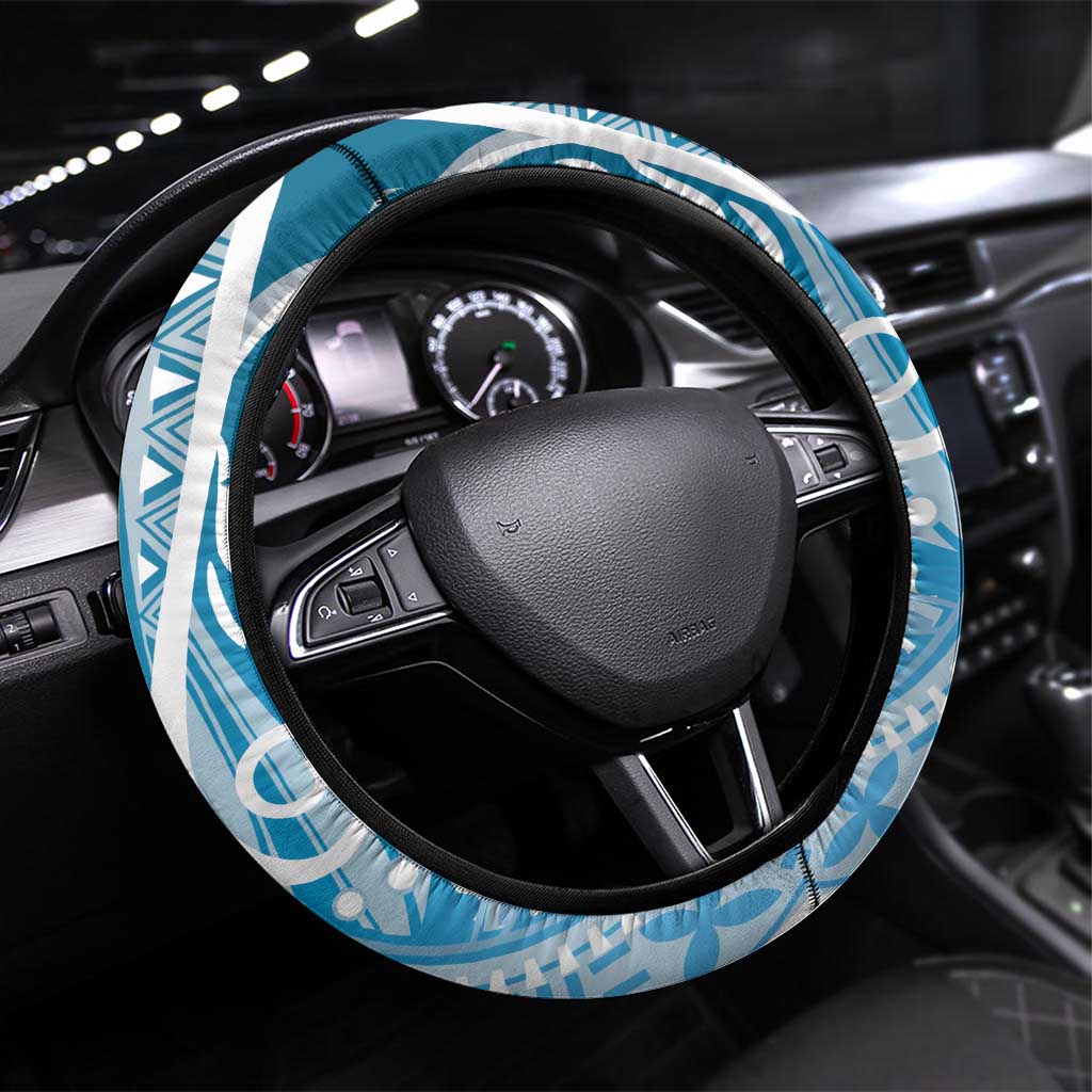 Hawaii Puakenikeni And Maile Lei Steering Wheel Cover Blue Polynesian Shark Tattoo DT05 Universal Fit Blue - Polynesian Pride