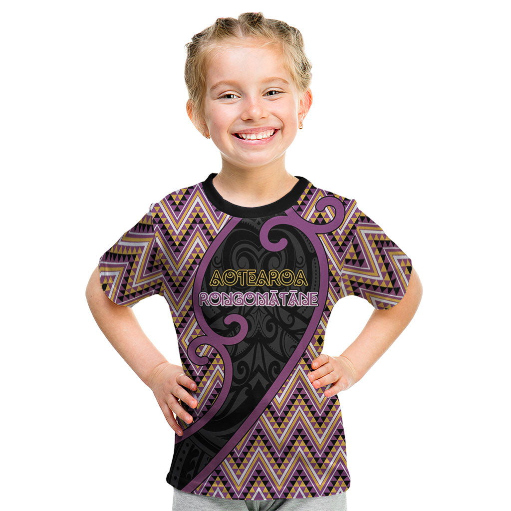 Custom Aotearoa Atua Rongomatane Kid T Shirt God Of Cultivated Foods Koru Patterns DT05 Purple - Polynesian Pride