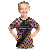 Custom Aotearoa Atua Rongomatane Kid T Shirt God Of Cultivated Foods Koru Patterns DT05 Purple - Polynesian Pride