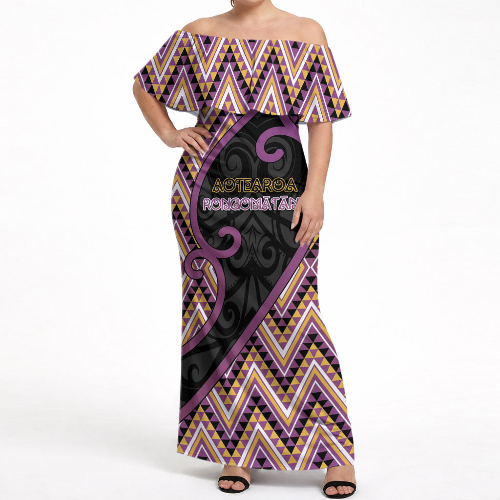 Custom Aotearoa Atua Rongomatane Off Shoulder Maxi Dress God Of Cultivated Foods Koru Patterns DT05 Women Purple - Polynesian Pride