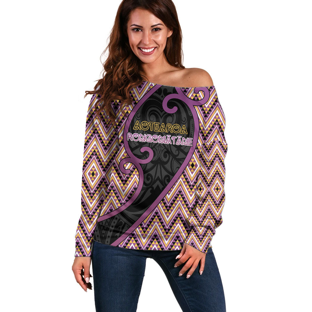Custom Aotearoa Atua Rongomatane Off Shoulder Sweater God Of Cultivated Foods Koru Patterns DT05 Women Purple - Polynesian Pride