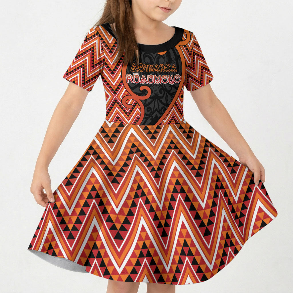 Custom Aotearoa Atua Ruaumoko Kid Short Sleeve Dress God Of Volcanoes Koru Patterns DT05 KID Orange - Polynesian Pride