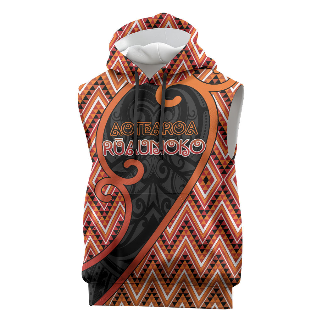 Custom Aotearoa Atua Ruaumoko Sleeveless Hoodie God Of Volcanoes Koru Patterns DT05 Orange - Polynesian Pride