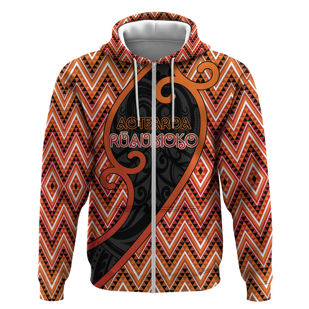 Custom Aotearoa Atua Ruaumoko Zip Hoodie God Of Volcanoes Koru Patterns DT05 Zip Hoodie Orange - Polynesian Pride