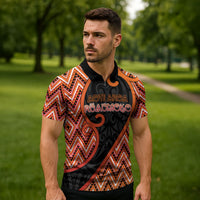 Custom Aotearoa Atua Ruaumoko Zipper Polo Shirt God Of Volcanoes Koru Patterns DT05 - Polynesian Pride