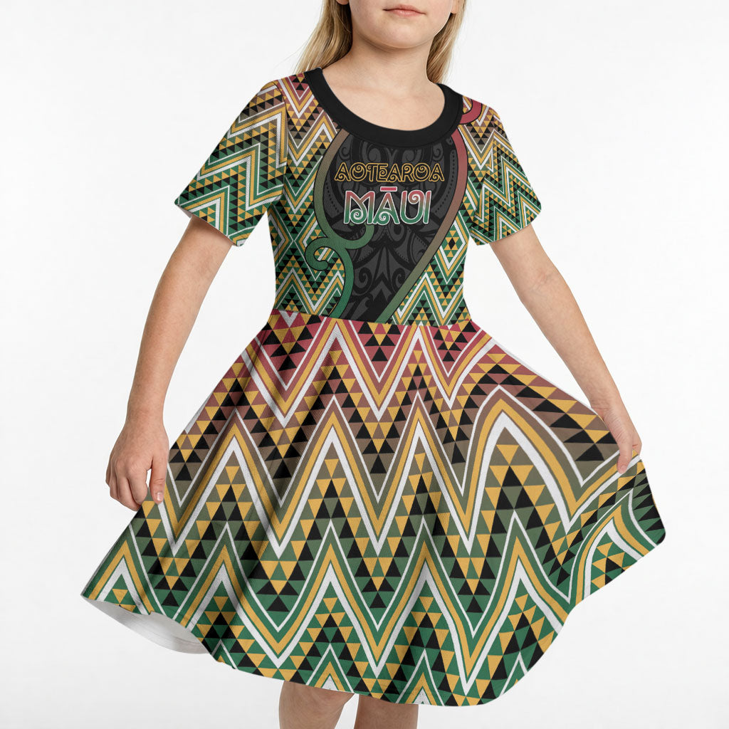 Custom Aotearoa Atua Maui Kid Short Sleeve Dress Demigod Hero And Trickster Koru Patterns DT05 - Polynesian Pride