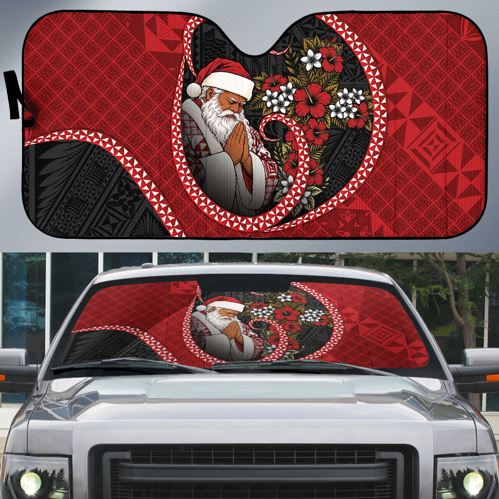 Tonga Kilisimasi Fiefia Auto Sun Shade Praying Santa Hibiscus Cross DT05 Red - Polynesian Pride