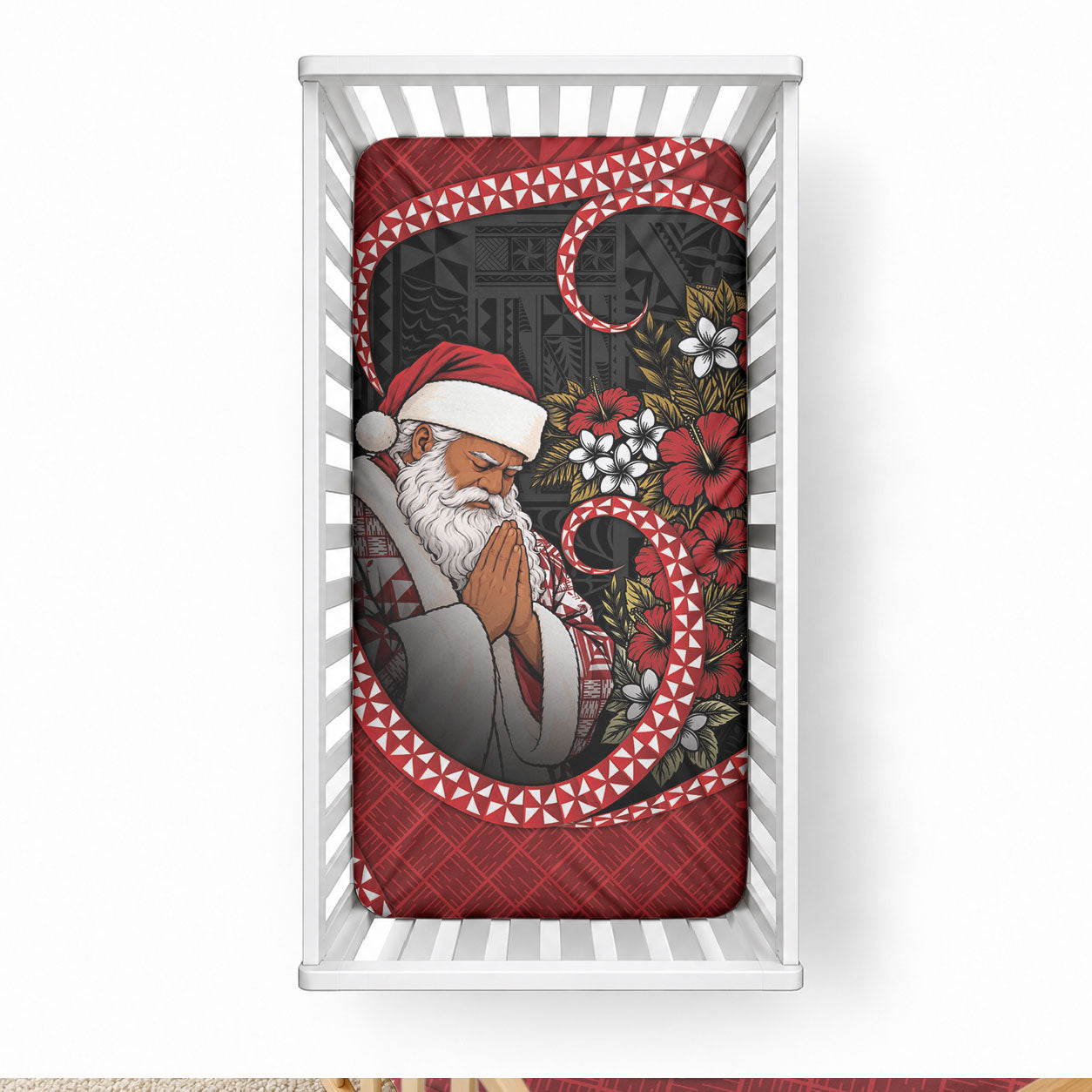 Tonga Kilisimasi Fiefia Baby Bed Cover Praying Santa Hibiscus Cross DT05 28 × 52 in Red - Polynesian Pride