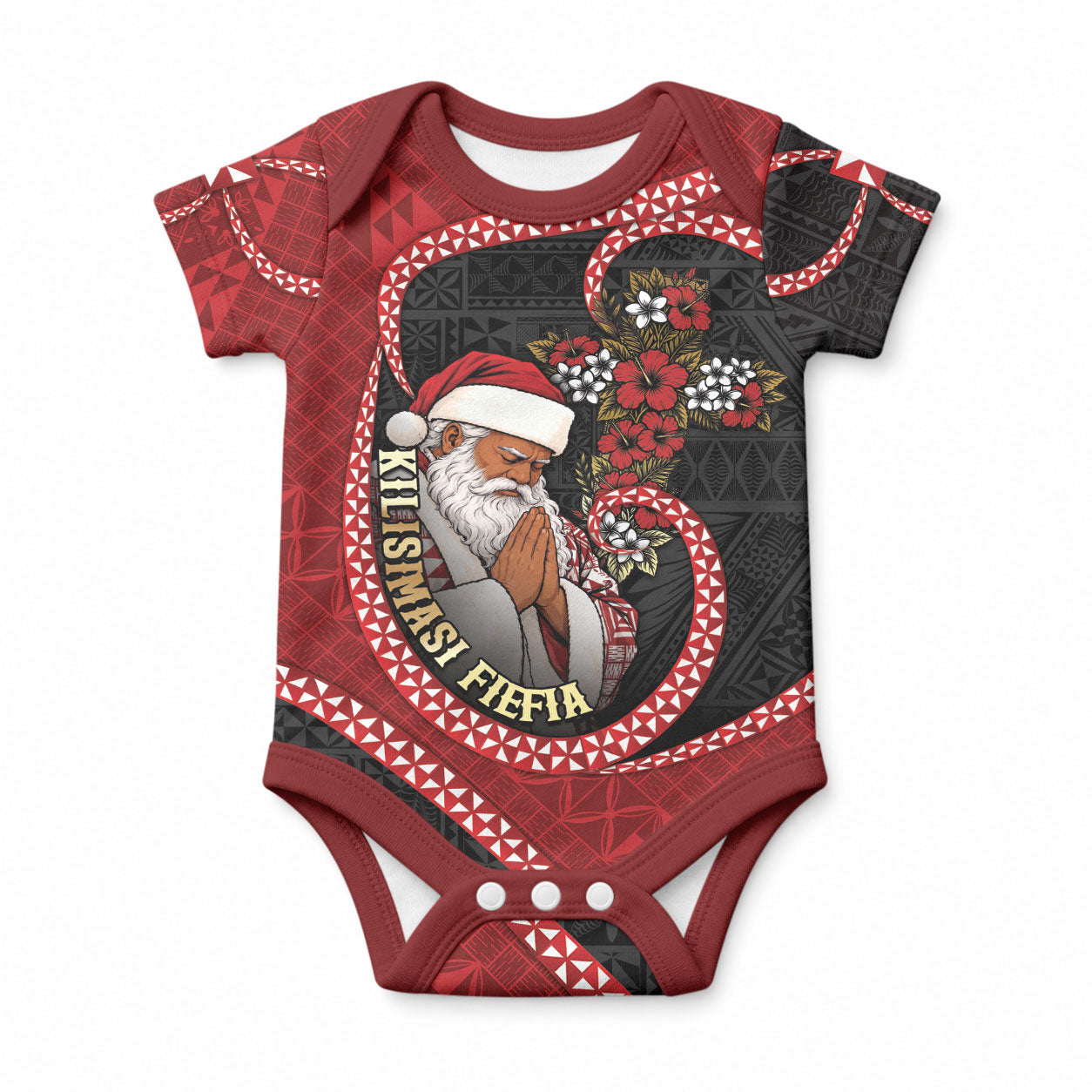 Personalised Tonga Kilisimasi Fiefia Baby Onesie Praying Santa Hibiscus Cross DT05 Red - Polynesian Pride