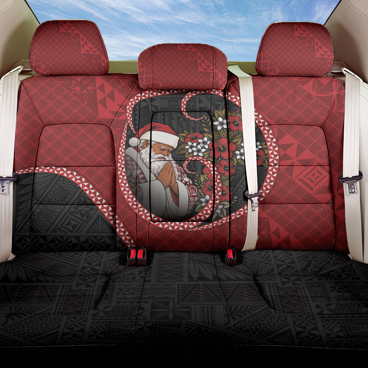 Tonga Kilisimasi Fiefia Back Car Seat Cover Praying Santa Hibiscus Cross DT05 One Size Red - Polynesian Pride