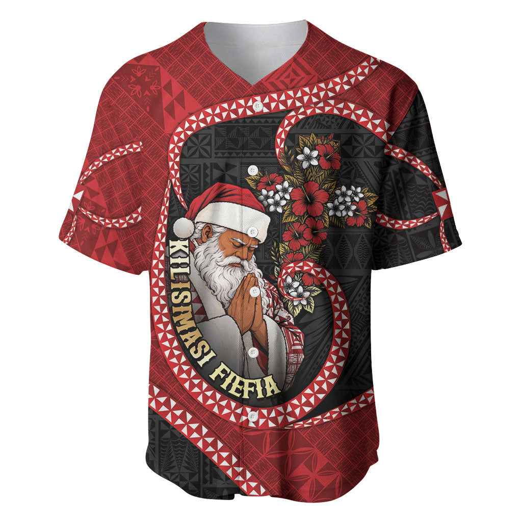 Personalised Tonga Kilisimasi Fiefia Baseball Jersey Praying Santa Hibiscus Cross DT05 Red - Polynesian Pride