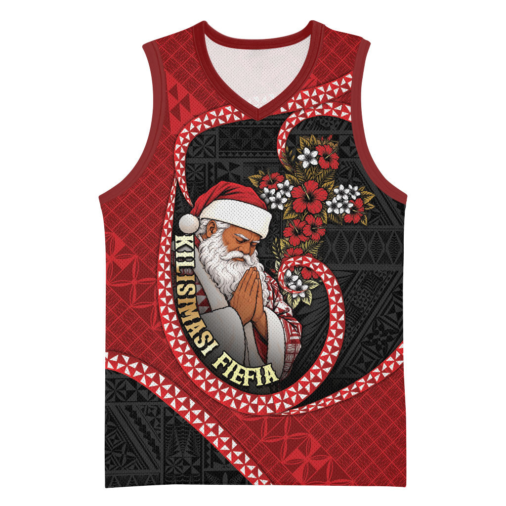 Personalised Tonga Kilisimasi Fiefia Basketball Jersey Praying Santa Hibiscus Cross DT05 Unisex Red - Polynesian Pride